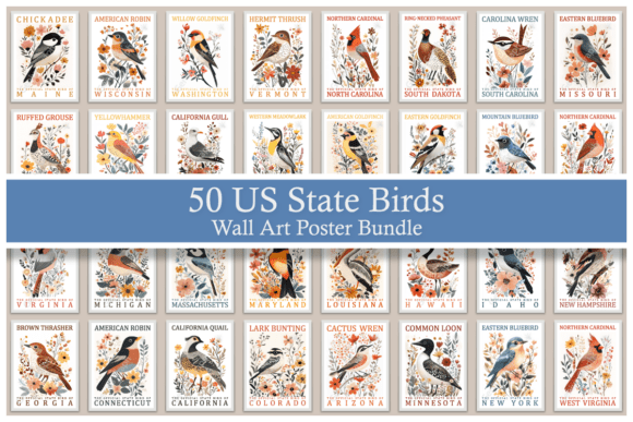 Download 50 US State Birds Wall Art Poster Bundle - Bundle Collection