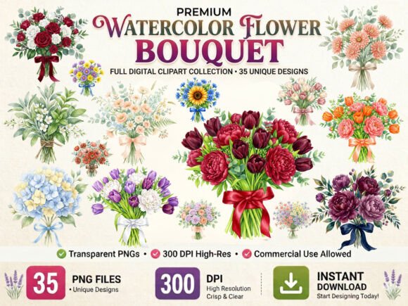 Download Watercolor Flower Bouquet Clipart Bundle - Bundle Collection
